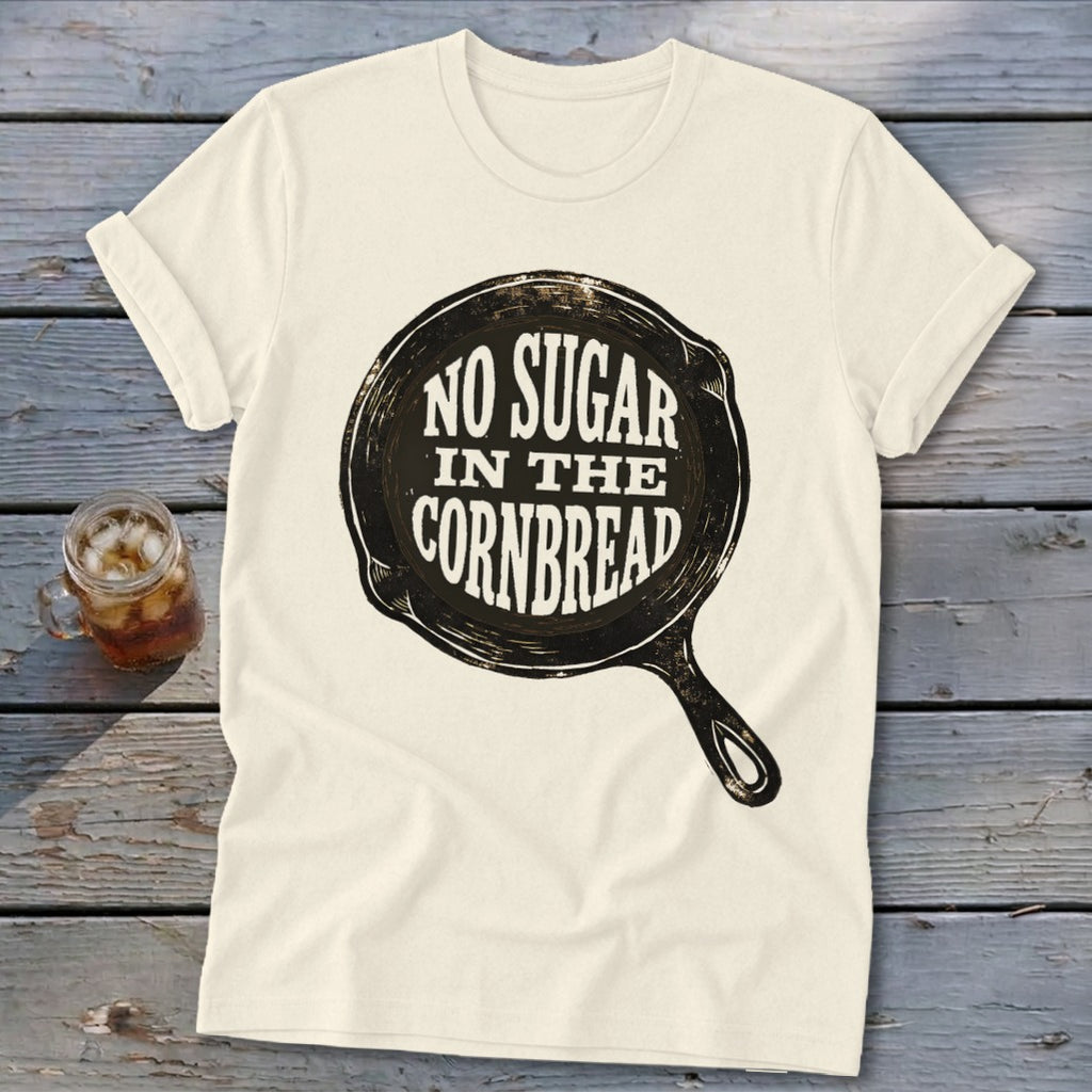Cream t-shirt with a cast iron skillet graphic saying "No Sugar In The Cornbread."