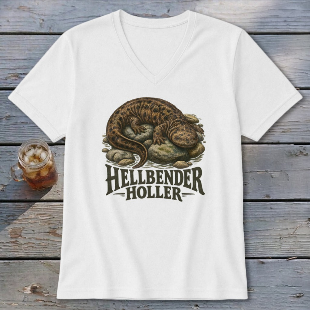 White t-shirt with "Hellbender Holler" text and illustration of a salamander on rocks.