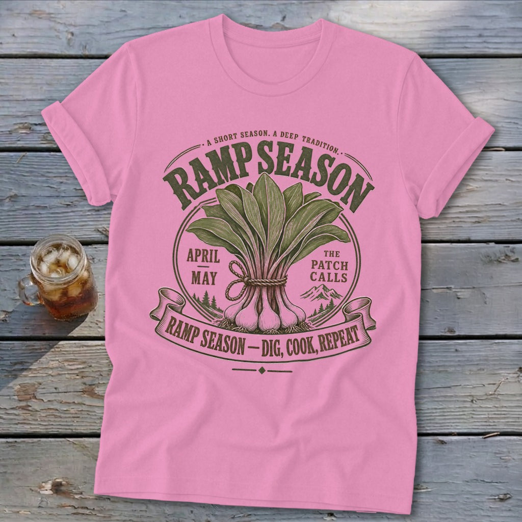 Pink t-shirt with "Ramp Season" graphic featuring ramps, mountains, and text.