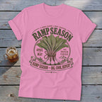 Pink t-shirt with "Ramp Season" graphic featuring ramps, mountains, and text.