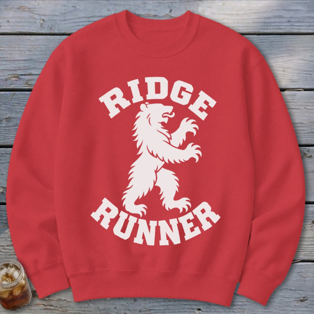 Red sweatshirt with white "Ridge Runner" text and a bear graphic.