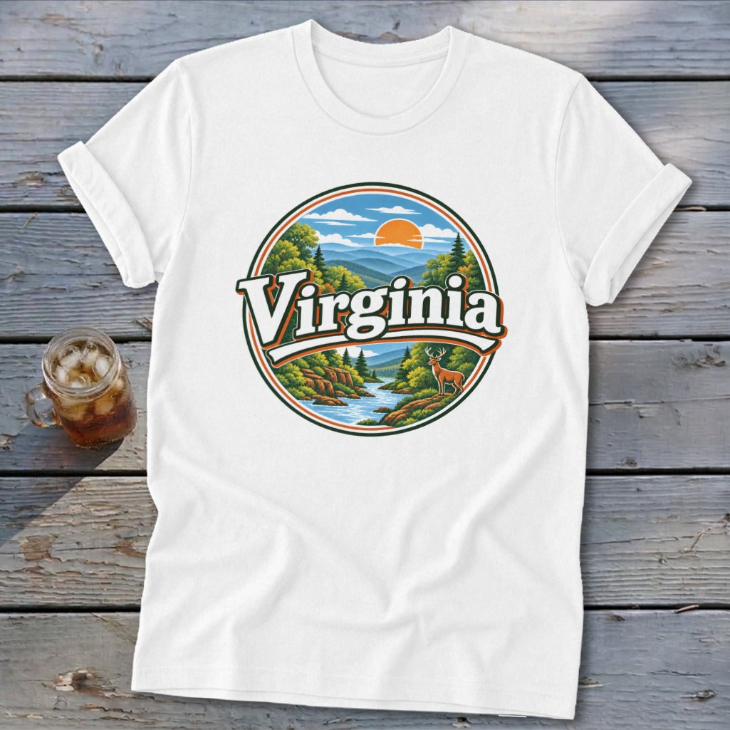 White t-shirt with a circular graphic of a Virginia mountain landscape at sunset.