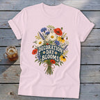 Pink t-shirt with a bouquet graphic that reads "Decoration Day Blooms."