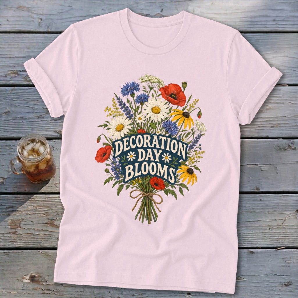 Pink t-shirt with a bouquet graphic that reads "Decoration Day Blooms."