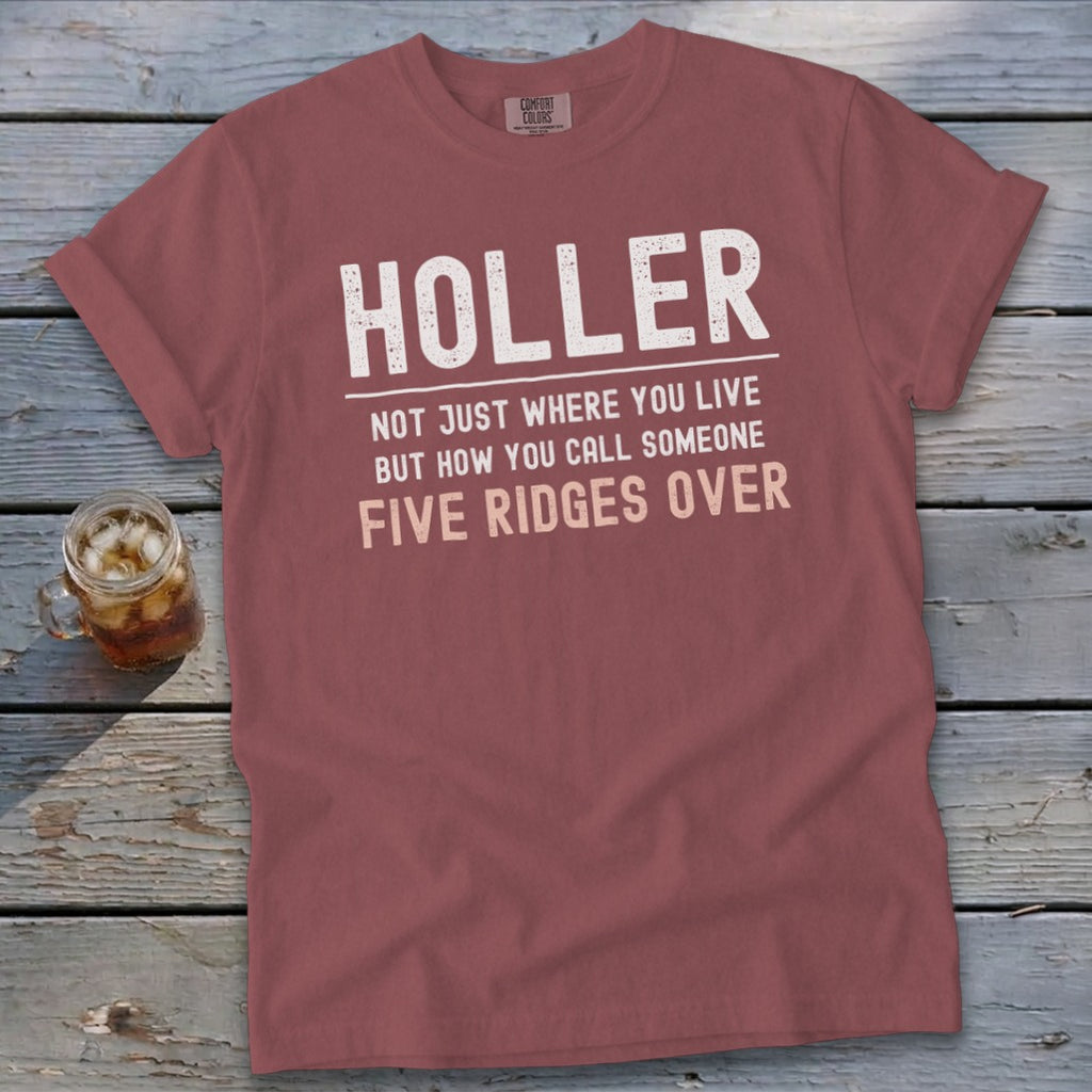 Maroon t-shirt with "HOLLER" and "FIVE RIDGES OVER" text.