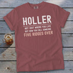 Maroon t-shirt with "HOLLER" and "FIVE RIDGES OVER" text.
