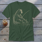 Green t-shirt with sketch of a bear fishing by the water.