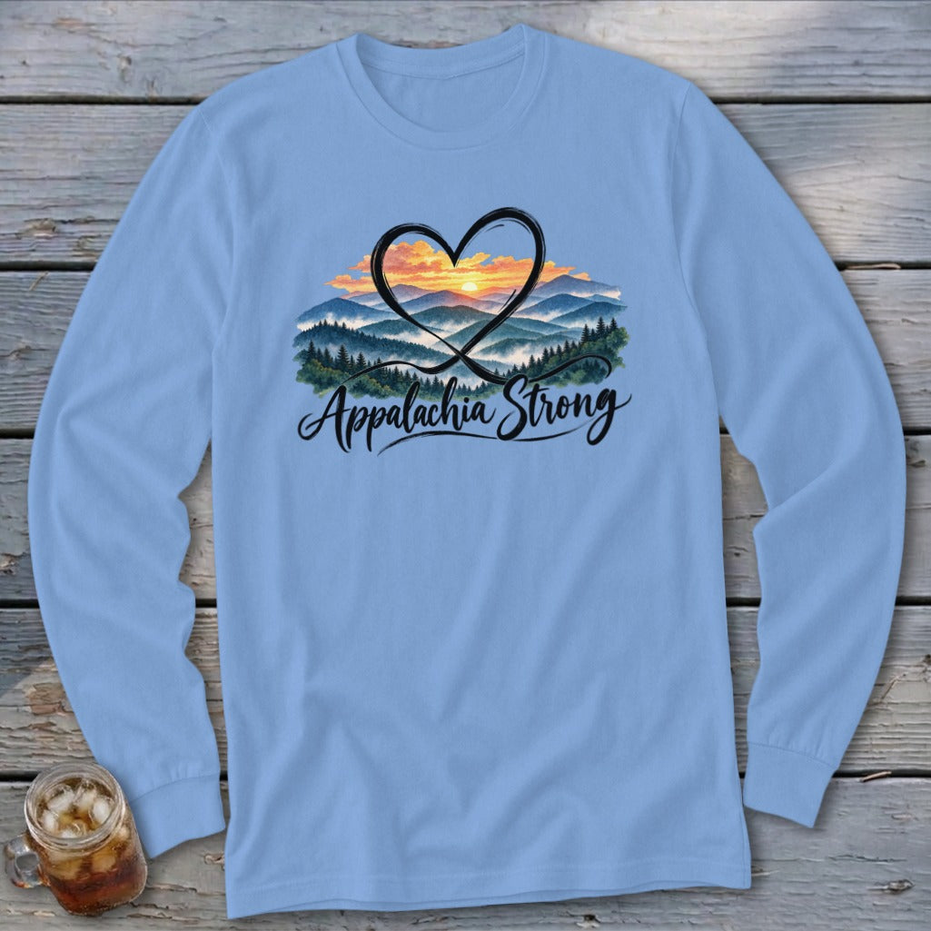 Light blue long-sleeve shirt with heart, mountain sunset, and "Appalachia Strong" text graphic.