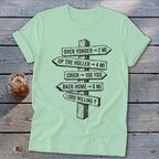 Mint green t-shirt featuring a black graphic of a wooden directional signpost with distances.