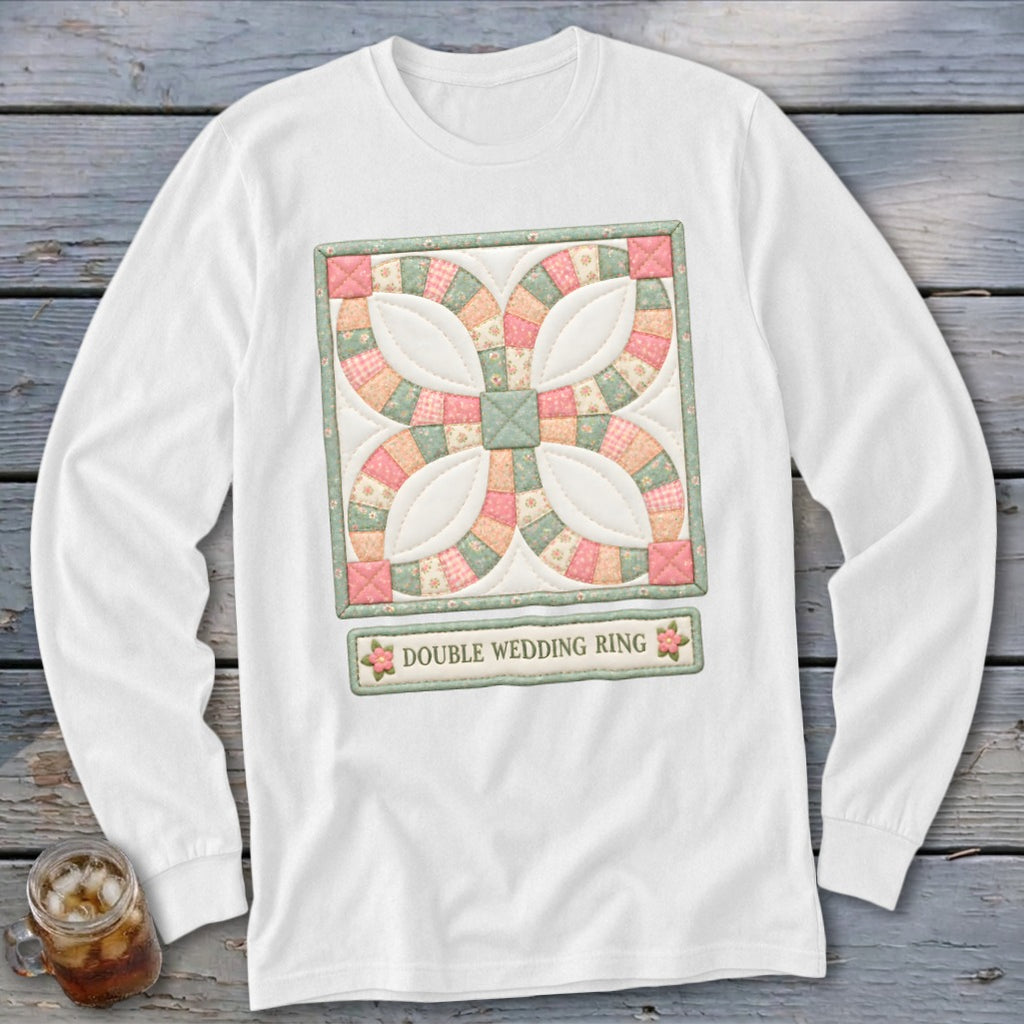 White long-sleeve shirt featuring a double wedding ring quilt block design.
