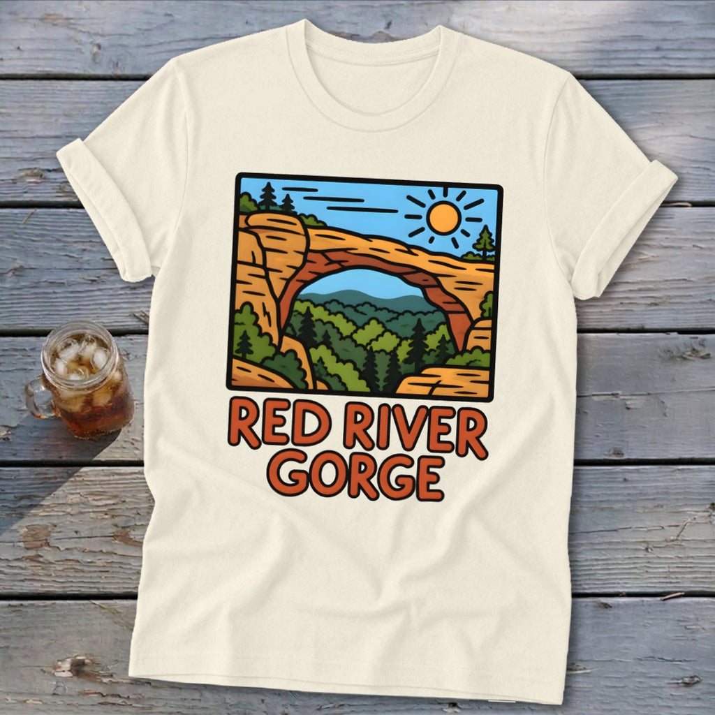 Cream t-shirt with Red River Gorge landscape graphic and text.