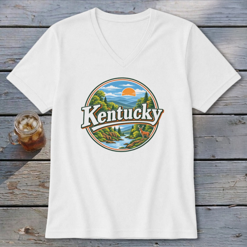 White v-neck t-shirt with circular "Kentucky" landscape graphic featuring mountains, a river, and a deer.