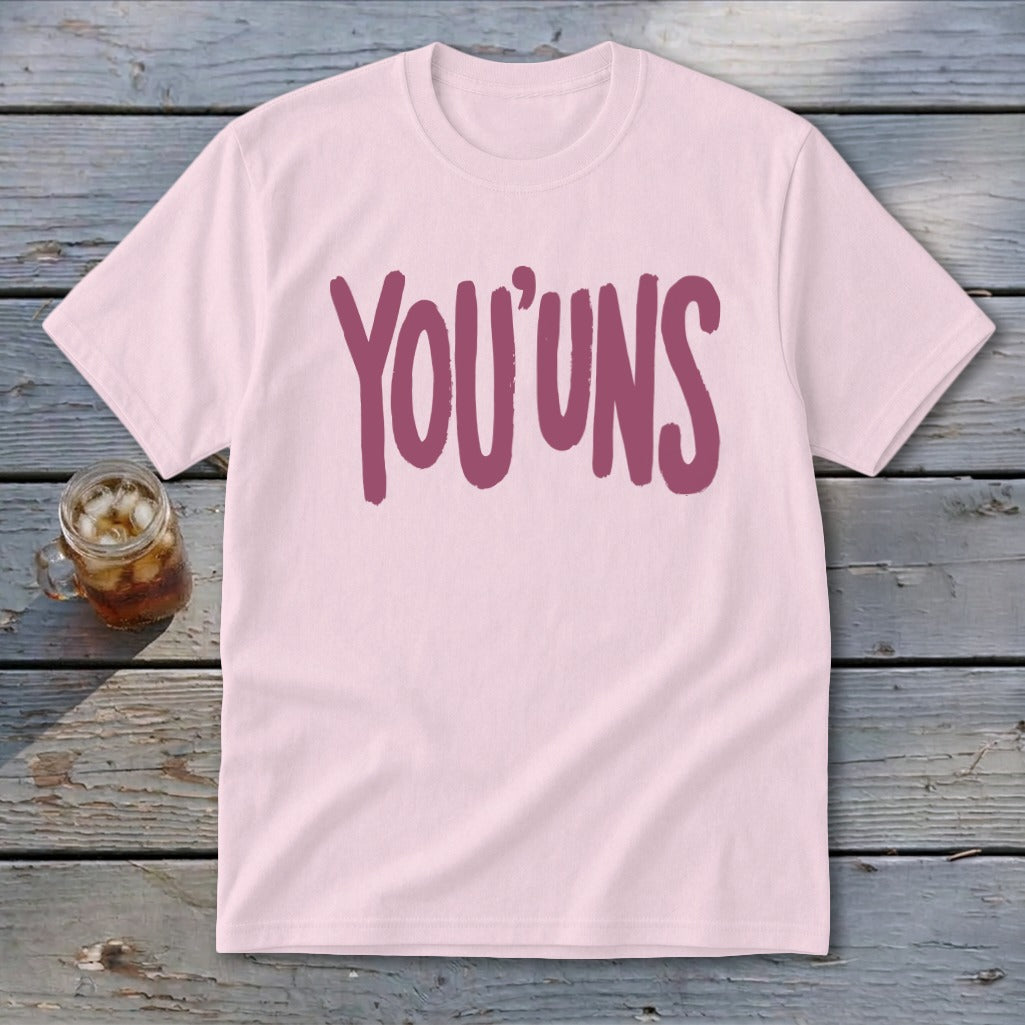 Light pink t-shirt with "YOU' UNS" in maroon text.