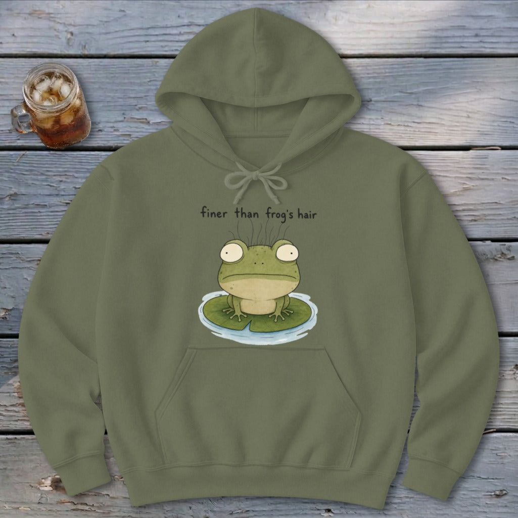Olive green hooded sweatshirt with a funny frog illustration and the text "finer than frog's hair".