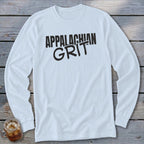 White long-sleeve shirt with black text "APPALACHIAN GRIT" on the chest.
