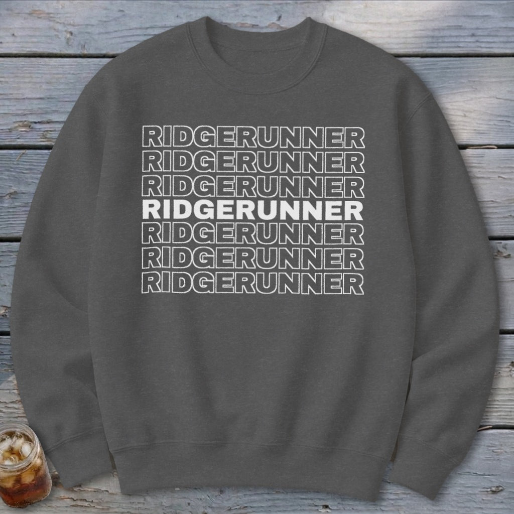 Dark grey sweatshirt with "RIDGERUNNER" repeated in white text.