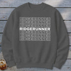 Dark grey sweatshirt with "RIDGERUNNER" repeated in white text.