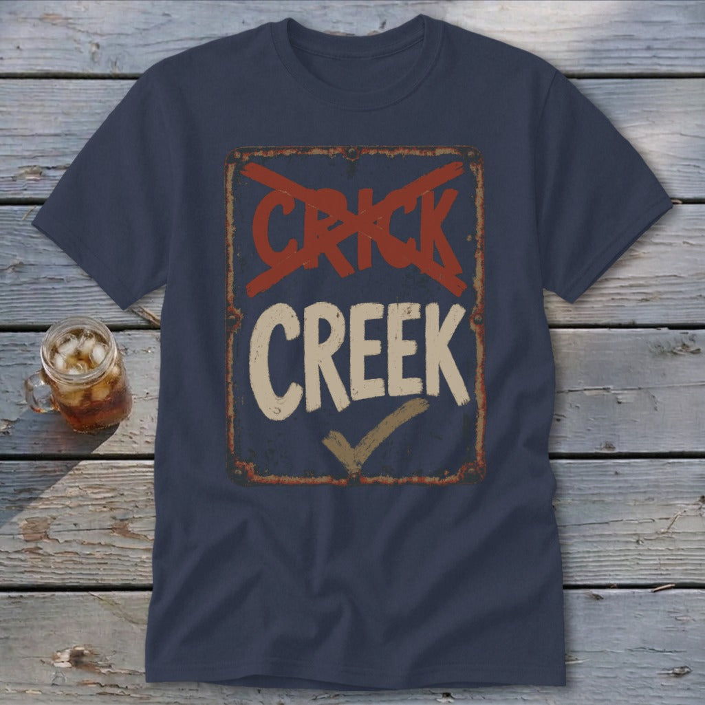 Navy t-shirt with distressed "CRICK CREEK" text and a checkmark.