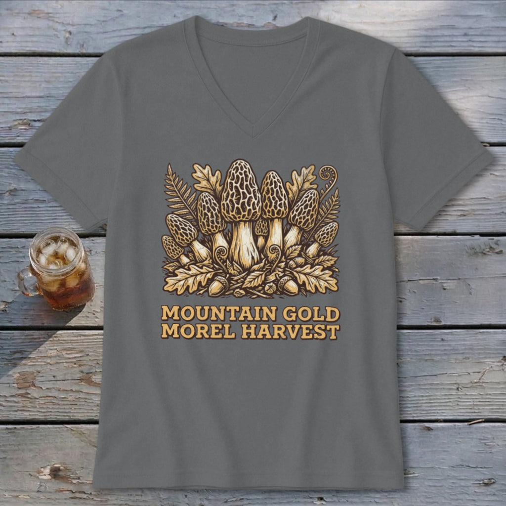 T-shirt with morel mushrooms, oak leaves, acorns, and text "MOUNTAIN GOLD MOREL HARVEST."