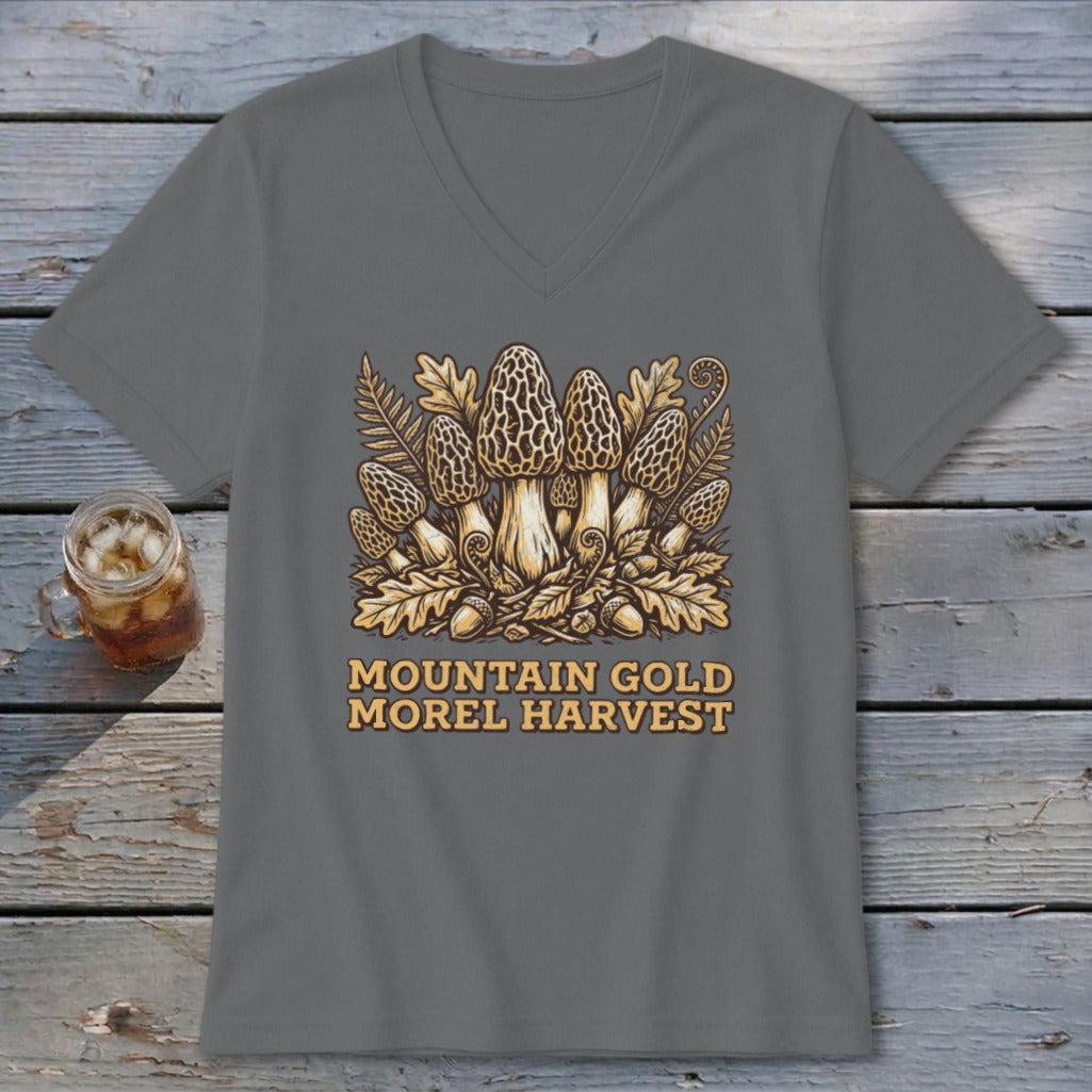 T-shirt with morel mushrooms, oak leaves, acorns, and text "MOUNTAIN GOLD MOREL HARVEST."