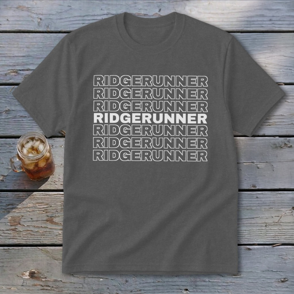 Dark grey t-shirt with "RIDGERUNNER" repeated in white text.