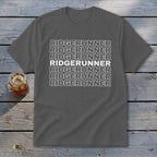 Dark grey t-shirt with "RIDGERUNNER" repeated in white text.
