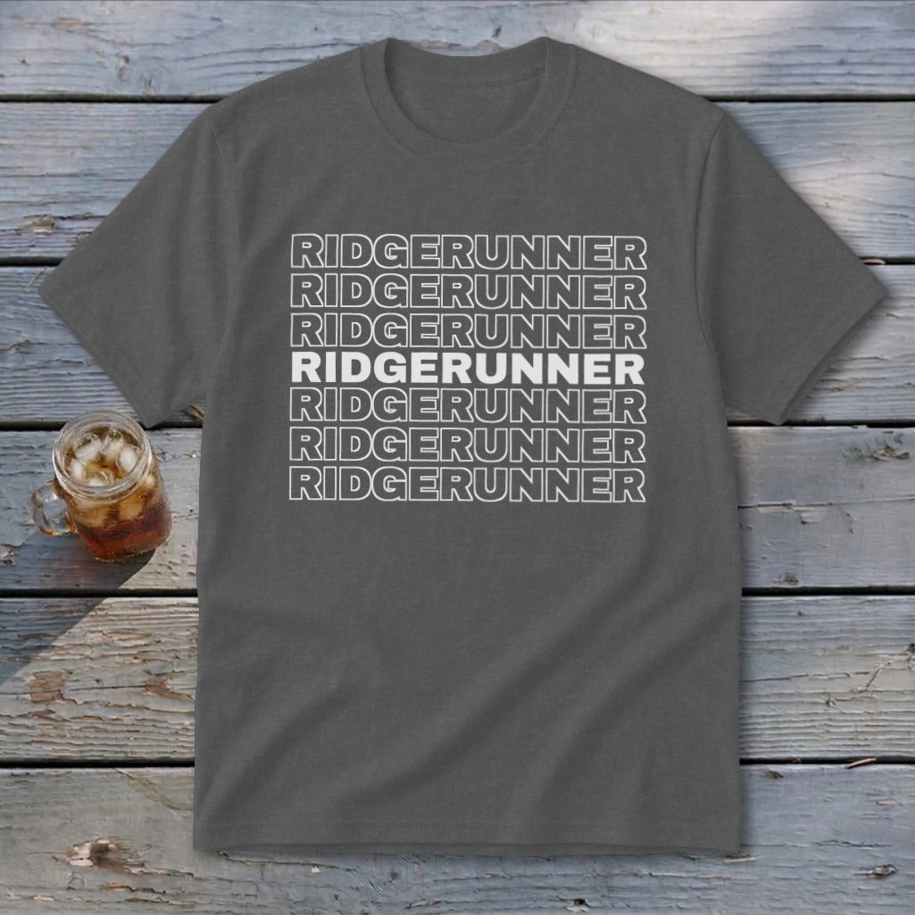 Dark grey t-shirt with "RIDGERUNNER" repeated in white text.
