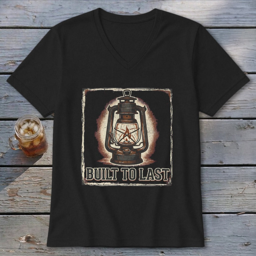 Black t-shirt with vintage lantern graphic and "BUILT TO LAST" text.