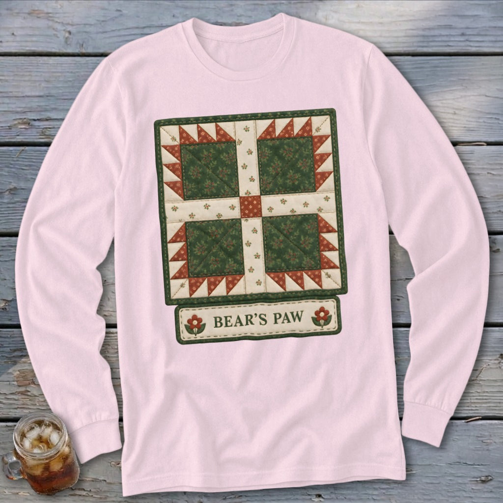 Pink long-sleeved shirt with a "Bear's Paw" quilt design and text.