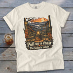 T-shirt with rocking chairs, autumn mountains, moon, and text "Pull up a chair The holler's talkin".