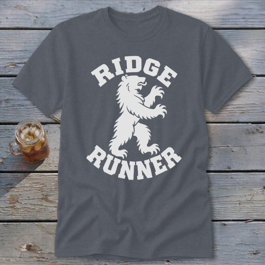 Grey t-shirt with white "RIDGE RUNNER" text and a running bear graphic.