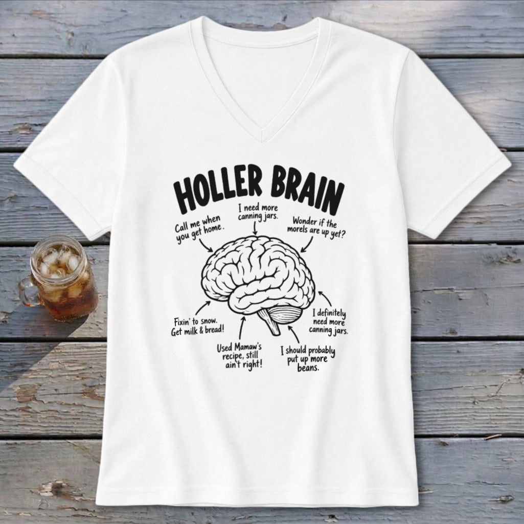 White t-shirt with "HOLLER BRAIN" text and humorous labels pointing to a diagram of a human brain.