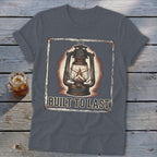 T-shirt with a vintage lantern graphic and text "BUILT TO LAST."
