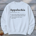 A white crewneck sweatshirt featuring black dictionary-style text defining Appalachia displayed centrally on the chest.