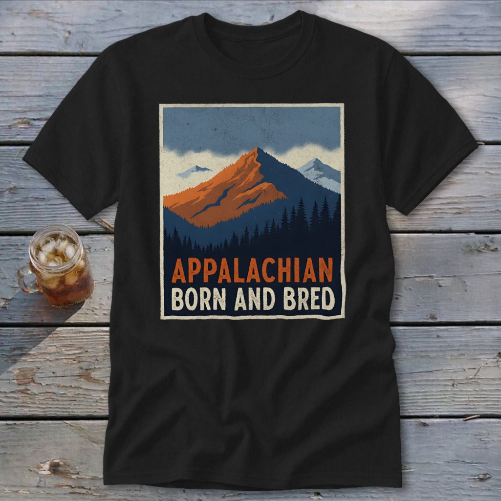A black t-shirt features a vintage-style mountain graphic with the text Appalachian Born and Bred.