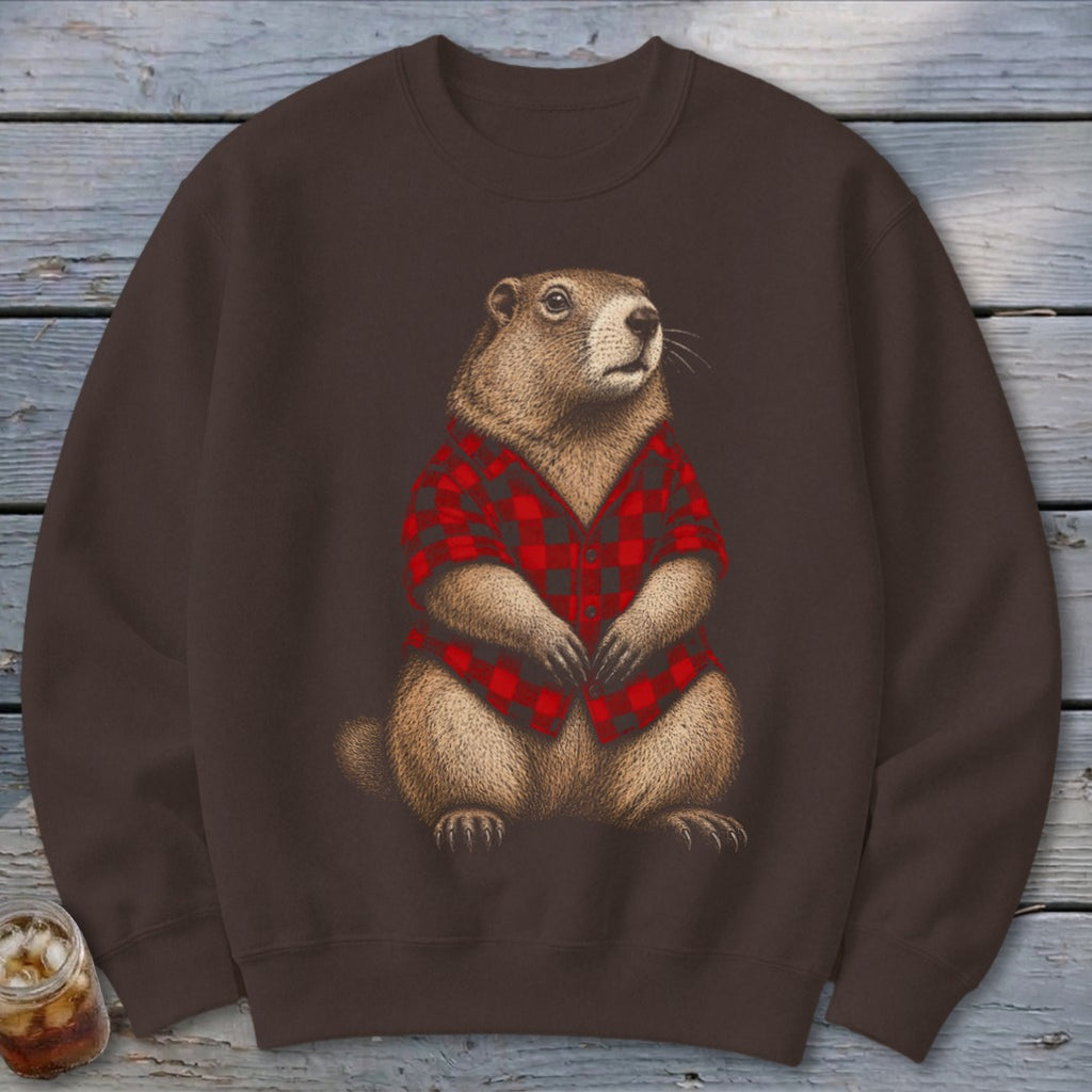 Brown sweatshirt with a detailed illustration of a groundhog wearing a red and black plaid shirt.