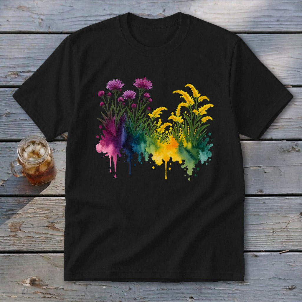 Black crewneck t-shirt featuring a watercolor graphic of purple flowers and yellow flowers over rainbow splatters.