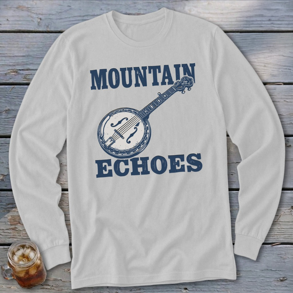 A light gray long-sleeve t-shirt featuring a blue graphic of a banjo and the text Mountain Echoes.