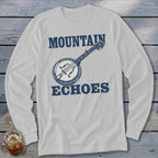 A light gray long-sleeve t-shirt featuring a blue graphic of a banjo and the text Mountain Echoes.