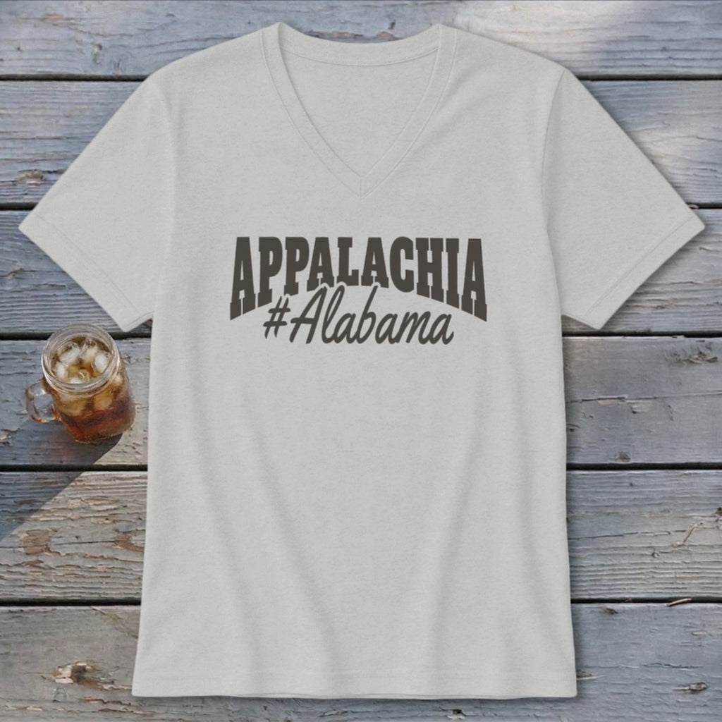 Light grey v-neck t-shirt with "APPALACHIA #Alabama" text and a glass of iced tea.