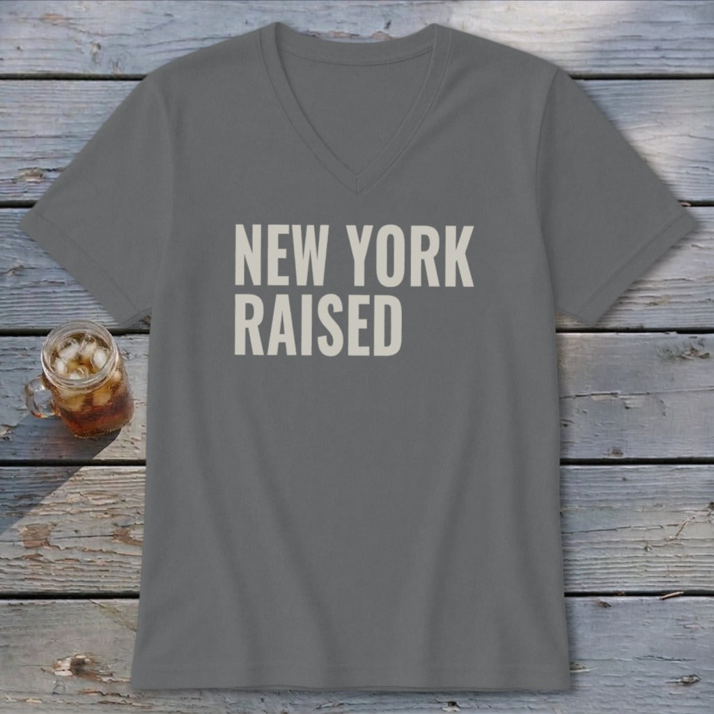 Gray t-shirt with "New York Raised" printed in white on the chest.