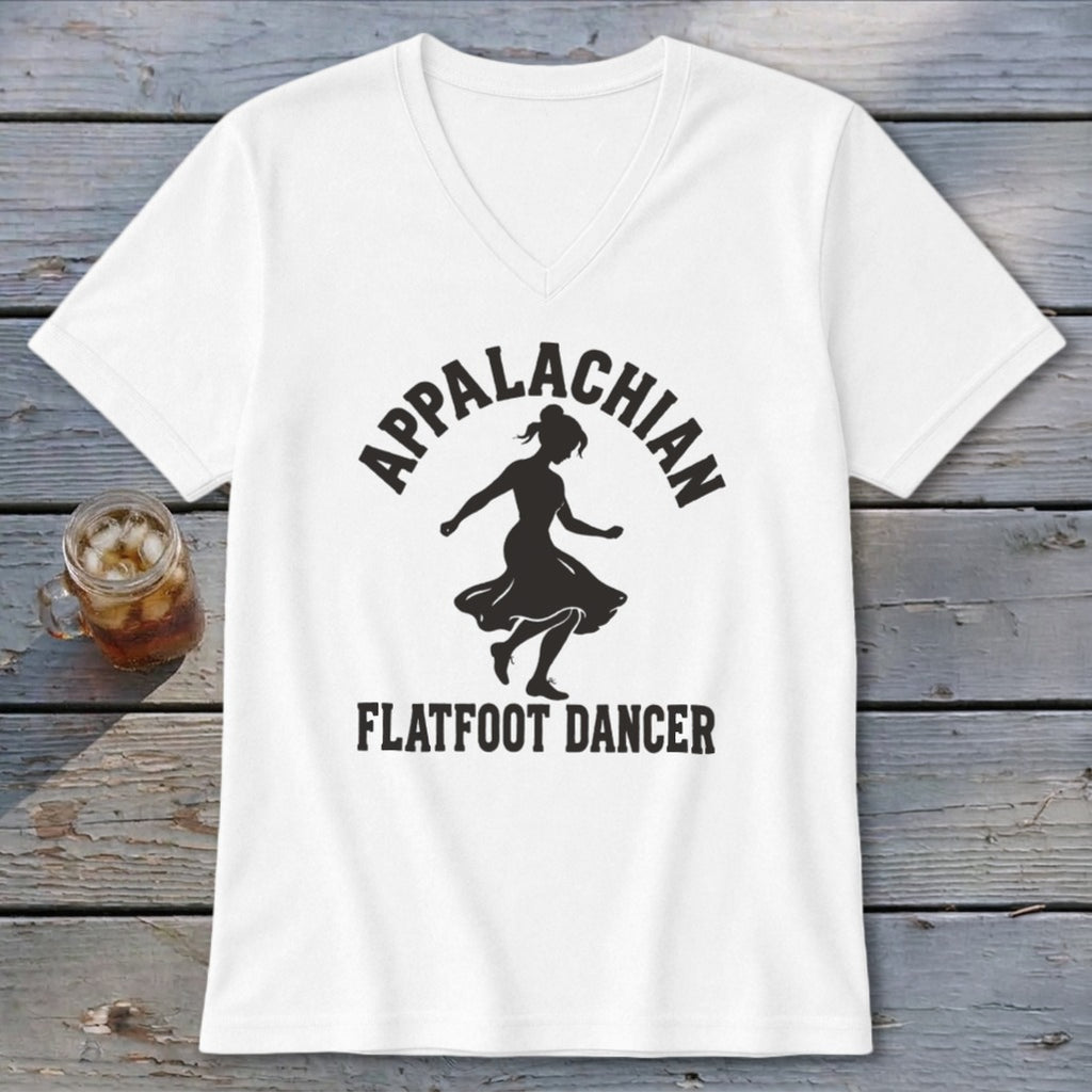 A white V-neck t-shirt featuring a black silhouette of a female dancer and the text Appalachian Flatfoot Dancer.