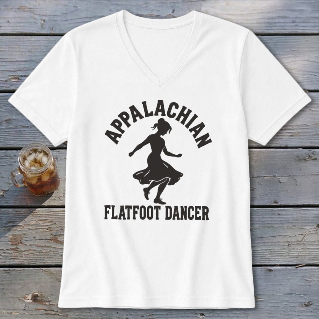 A white V-neck t-shirt featuring a black silhouette of a female dancer and the text Appalachian Flatfoot Dancer.