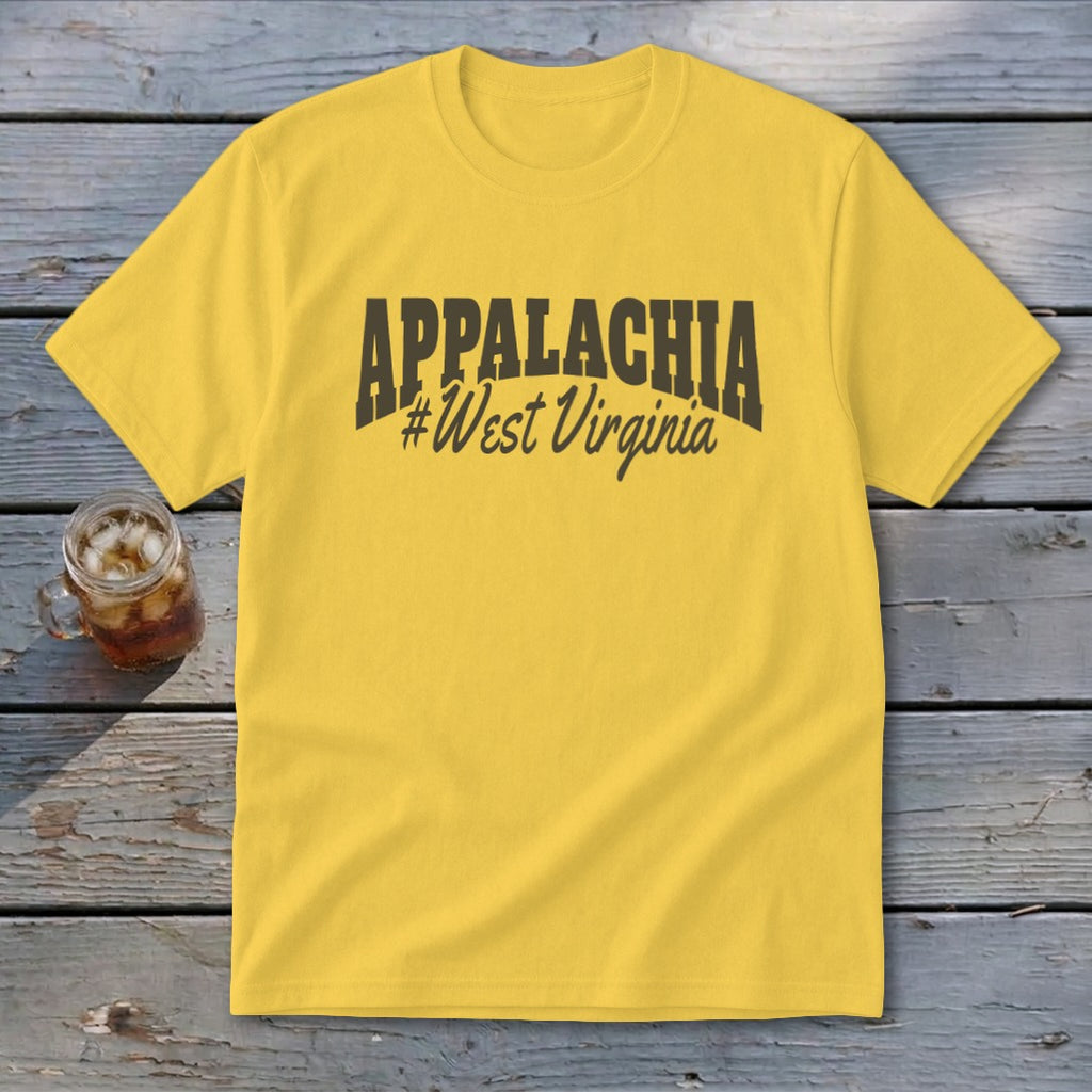 Yellow t-shirt with "APPALACHIA #West Virginia" text in dark brown.