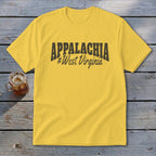 Yellow t-shirt with "APPALACHIA #West Virginia" text in dark brown.