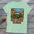 Light green t-shirt with Red River Gorge graphic art and text.