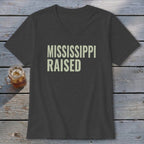 Dark gray v-neck t-shirt with "MISSISSIPPI RAISED" text.