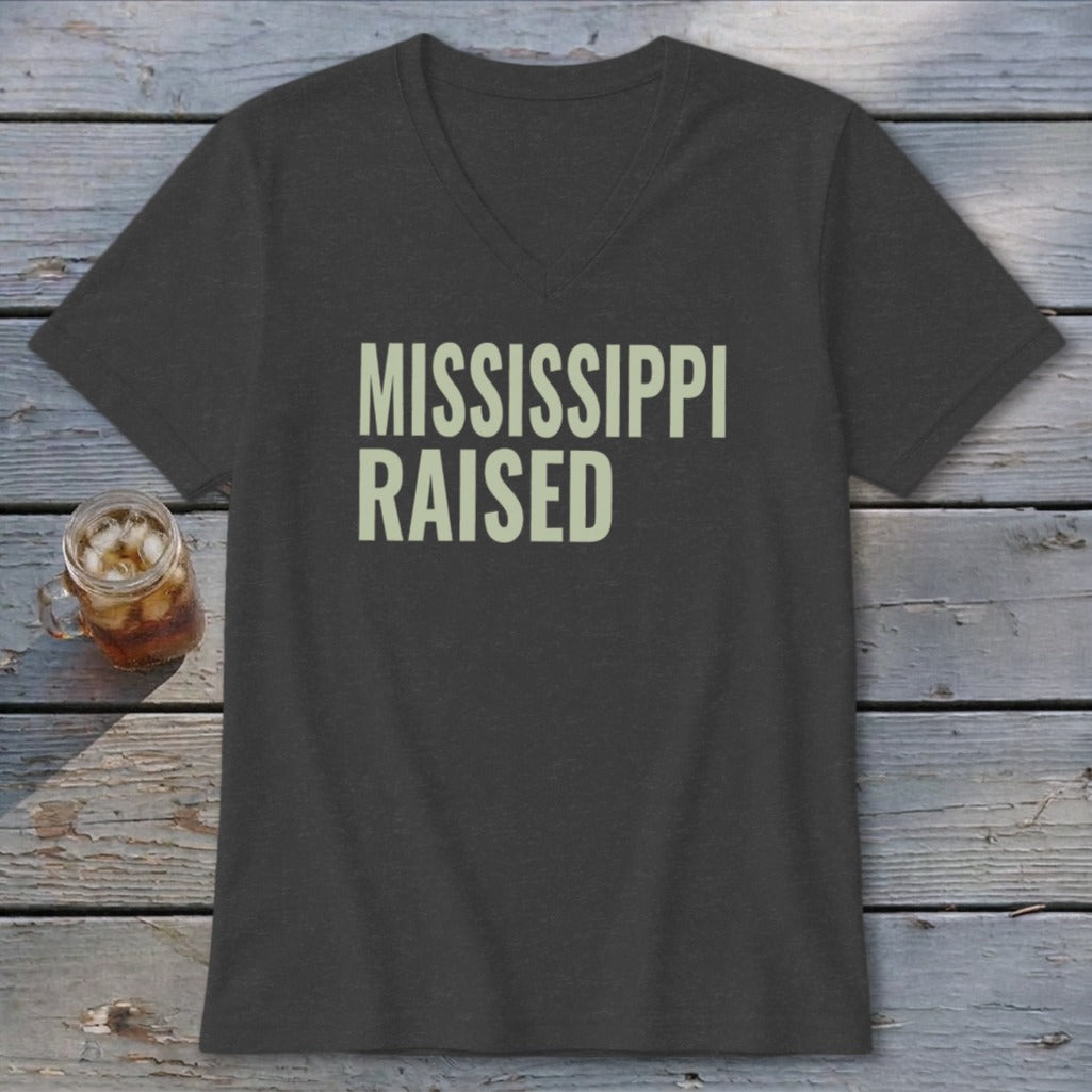 Dark gray v-neck t-shirt with "MISSISSIPPI RAISED" text.