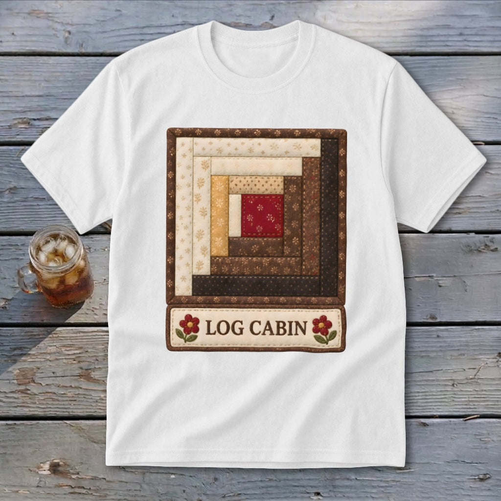 White t-shirt with a Log Cabin quilt block design and text.