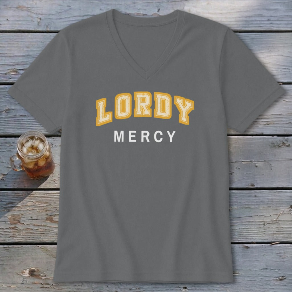 Gray v-neck t-shirt with yellow and white text reading "LORDY MERCY"